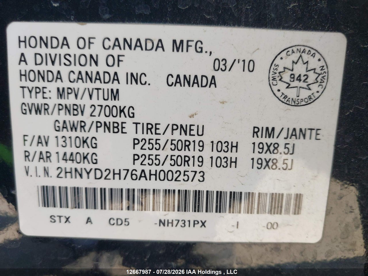 2HNYD2H76AH002573 · 2010 ACURA MDX · 9/20