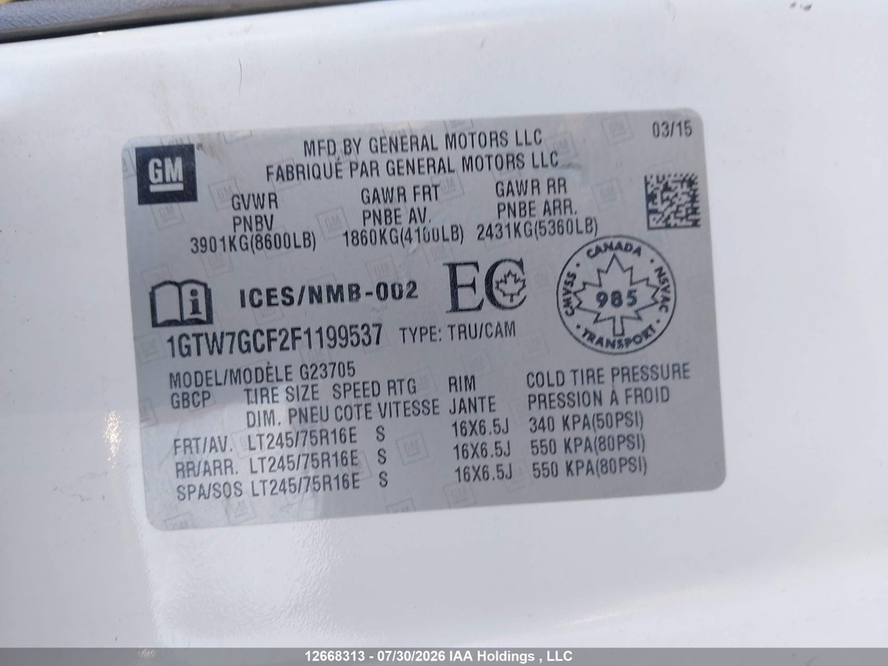 1GTW7GCF2F1199537 · 2015 GMC SAVANA G2500 · 9/18