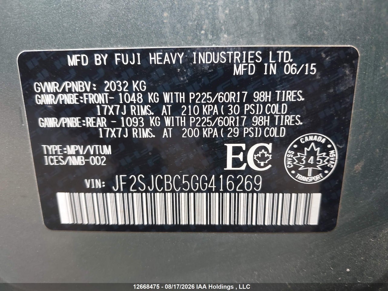 JF2SJCBC5GG416269 · 2016 SUBARU FORESTER 2.5I · 9/19