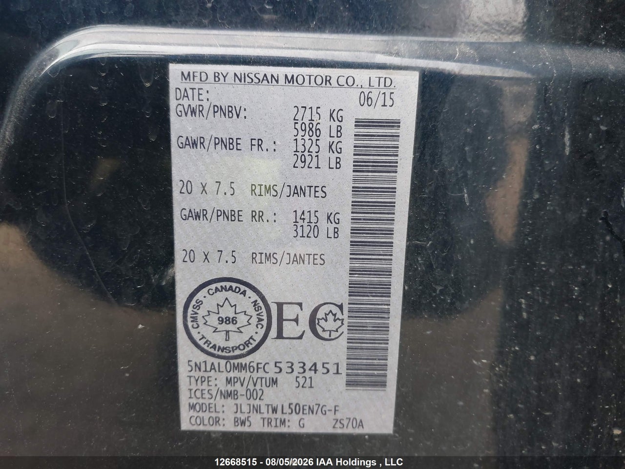 5N1AL0MM6FC533451 · 2015 INFINITI QX60 · 9/22