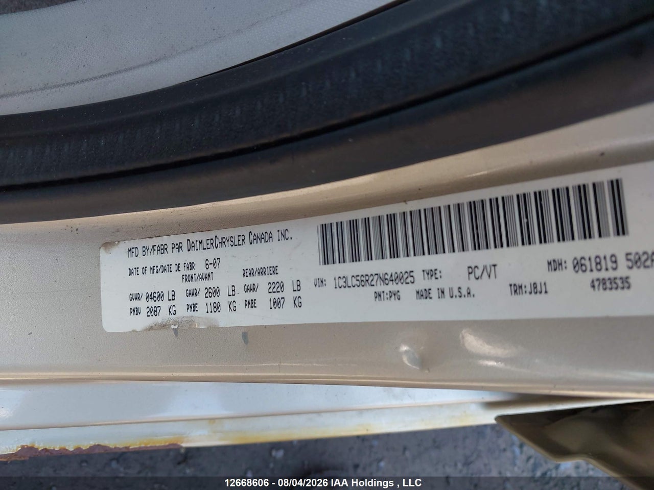 1C3LC56R27N640025 · 2007 CHRYSLER SEBRING TOURING · 9/21