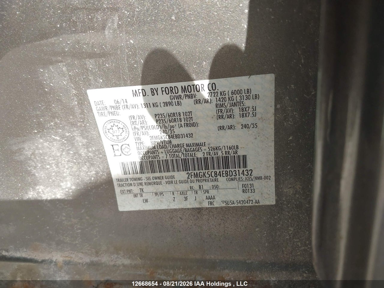 2FMGK5C84EBD31432 · 2014 FORD FLEX SEL · 9/21