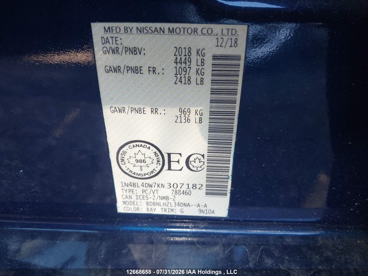 1N4BL4DW7KN307182 · 2019 NISSAN ALTIMA · 9/19