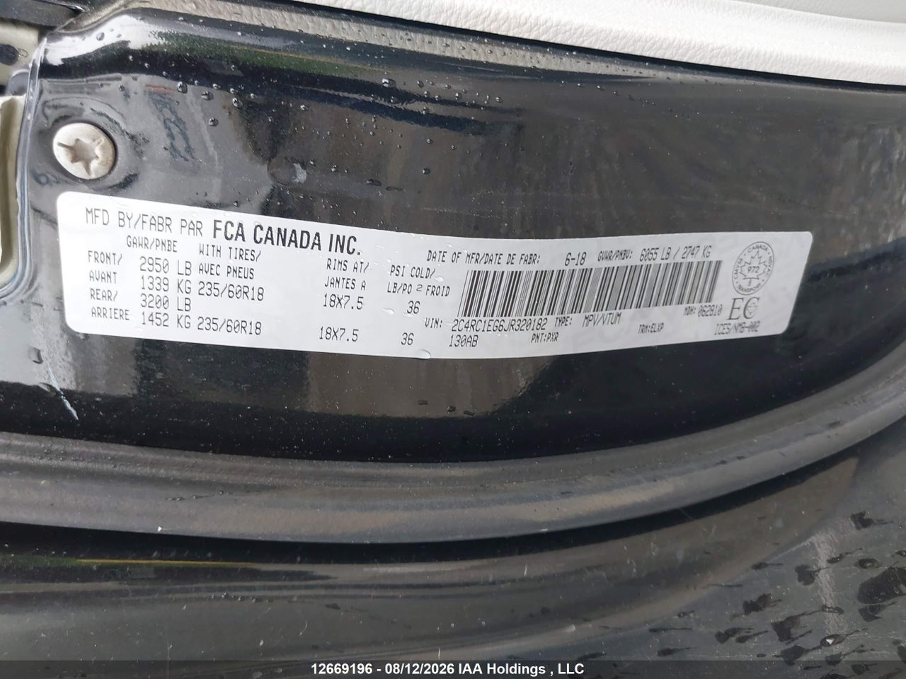 2C4RC1EG6JR320182 · 2018 CHRYSLER PACIFICA TOURING-L · 9/20