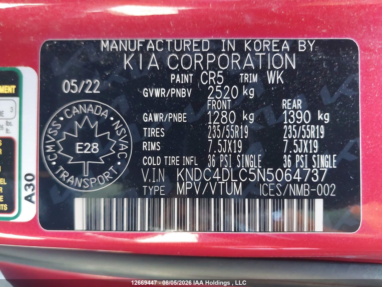 KNDC4DLC5N5064737 · 2022 KIA EV6 LONG RANGE W/GT-LINE PKG 1/LONG RANGE W/GT-LINE PKG 2 · 9/23