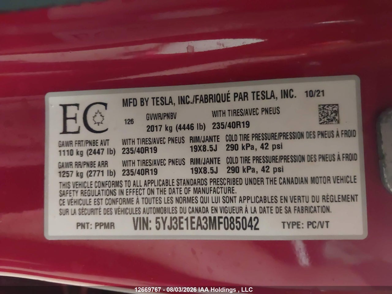 5YJ3E1EA3MF085042 · 2021 TESLA MODEL 3 STANDARD RANGE/STANDARD RANGE PLUS · 9/17