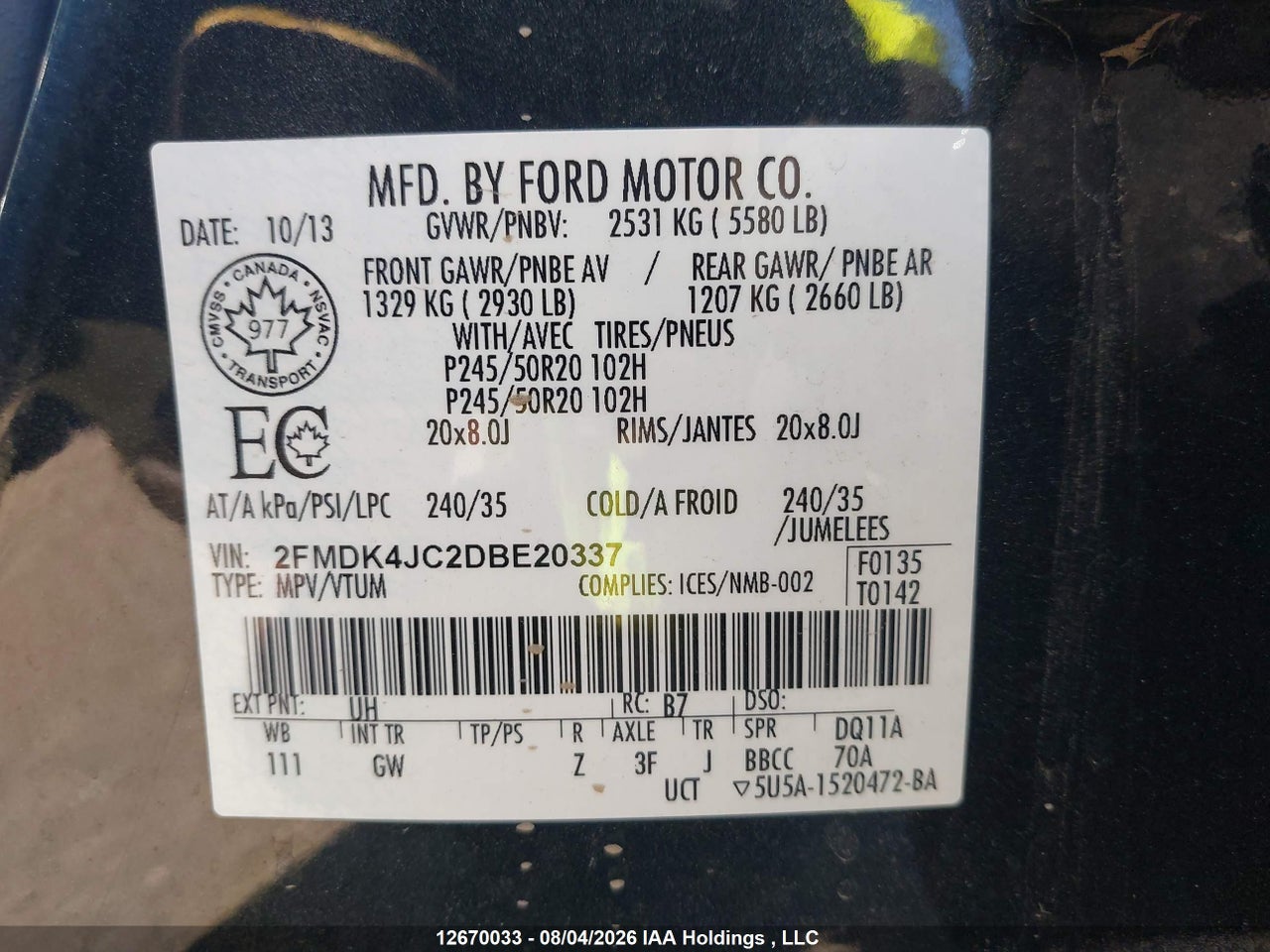 2FMDK4JC2DBE20337 · 2013 FORD EDGE SEL · 9/22