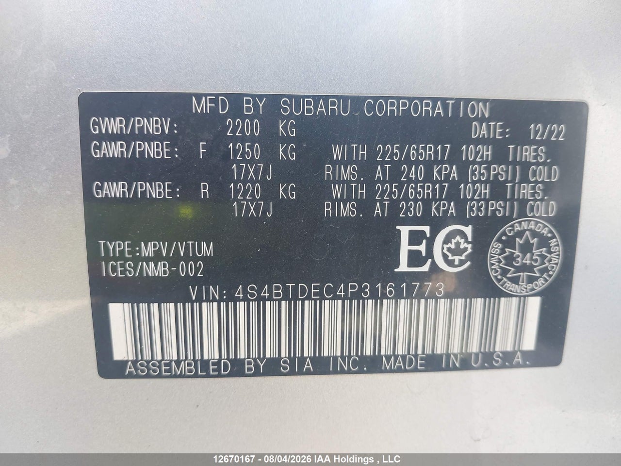 4S4BTDEC4P3161773 · 2023 SUBARU OUTBACK TOURING · 9/24