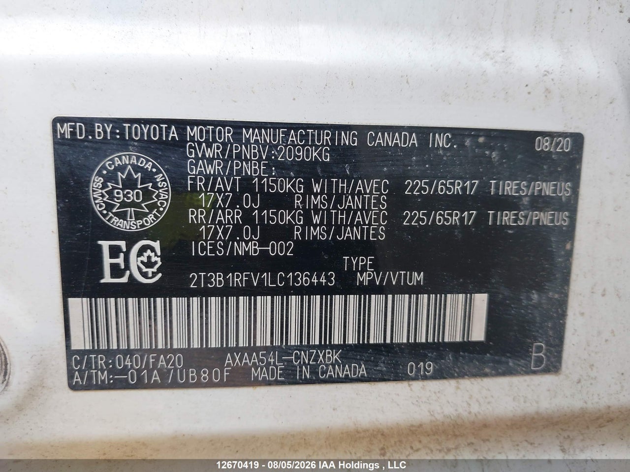 2T3B1RFV1LC136443 · 2020 TOYOTA RAV4 LE · 9/21