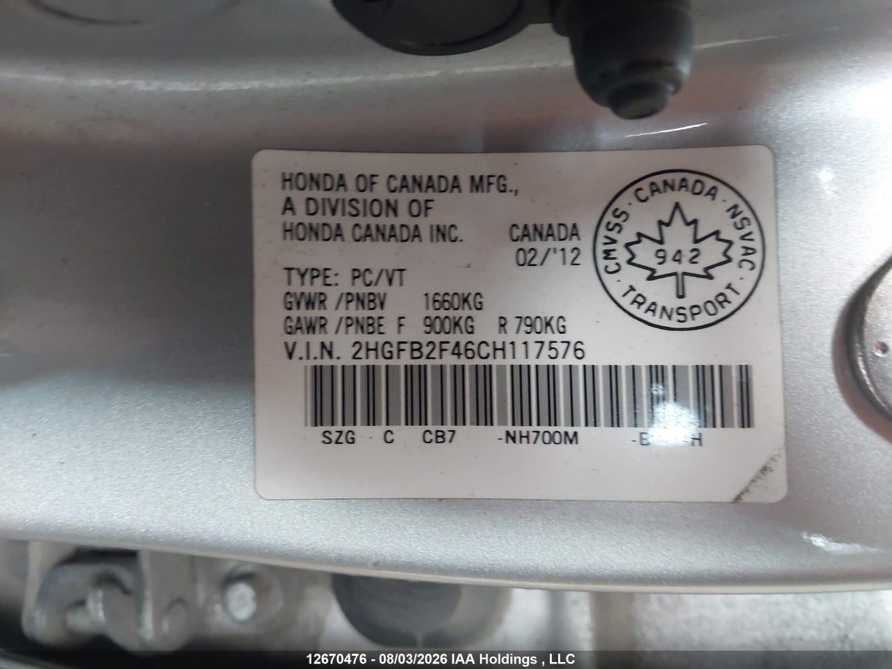 2HGFB2F46CH117576 · 2012 HONDA CIVIC LX · 9/18