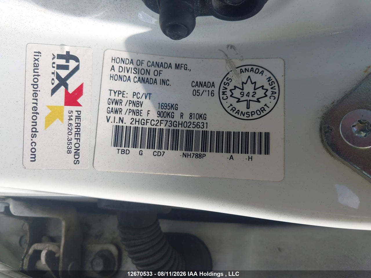 2HGFC2F73GH025631 · 2016 HONDA CIVIC EX 4DR · 9/21