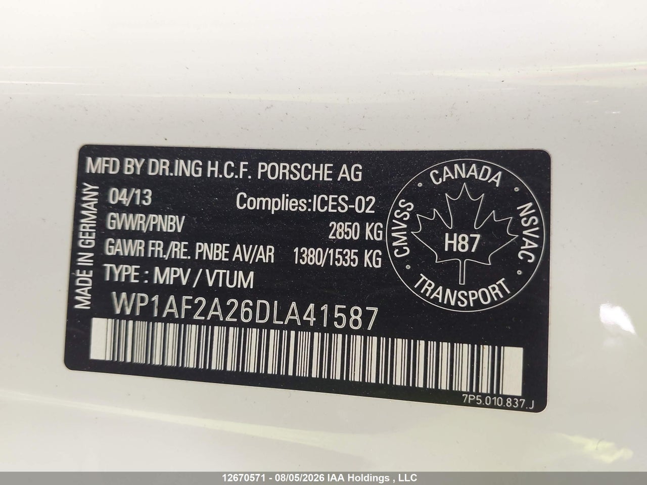 WP1AF2A26DL****** · 2013 PORSCHE CAYENNE · 9/19