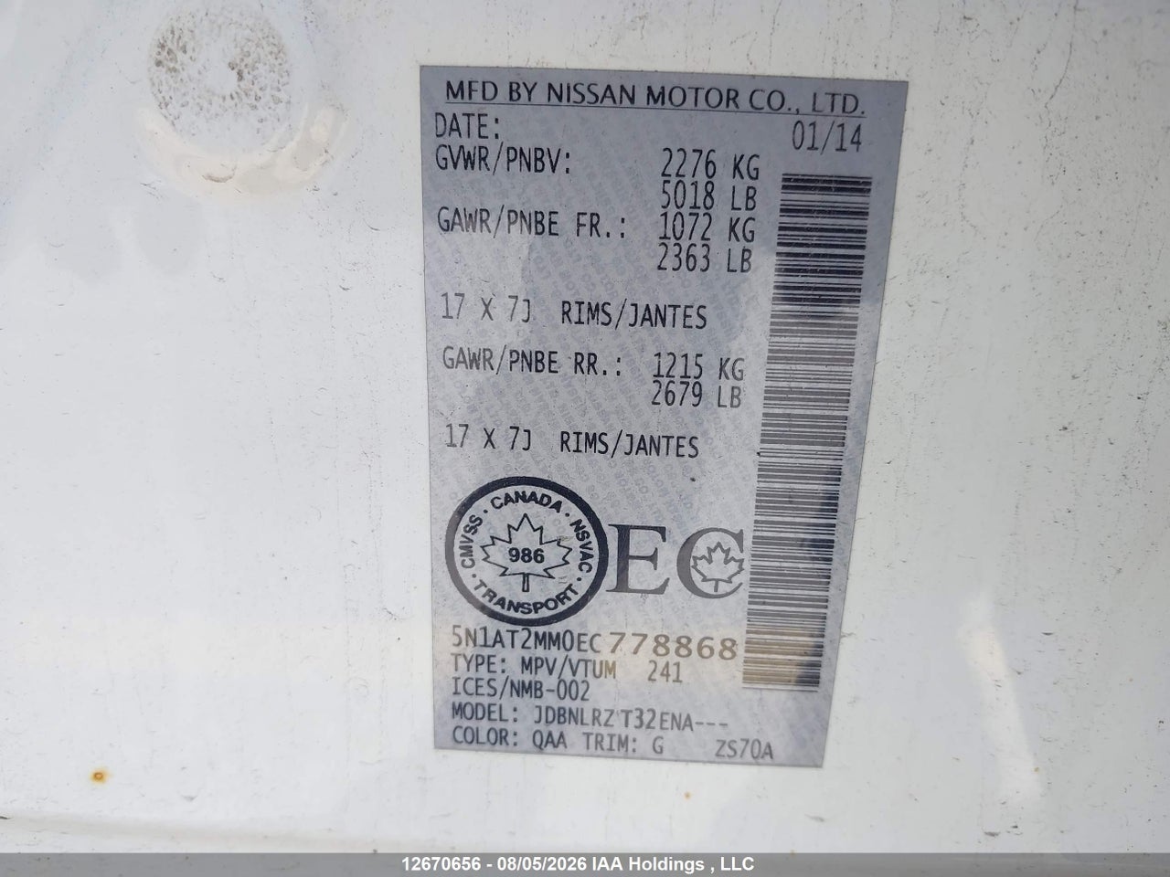 5N1AT2MM0EC778868 · 2014 NISSAN ROGUE · 9/20