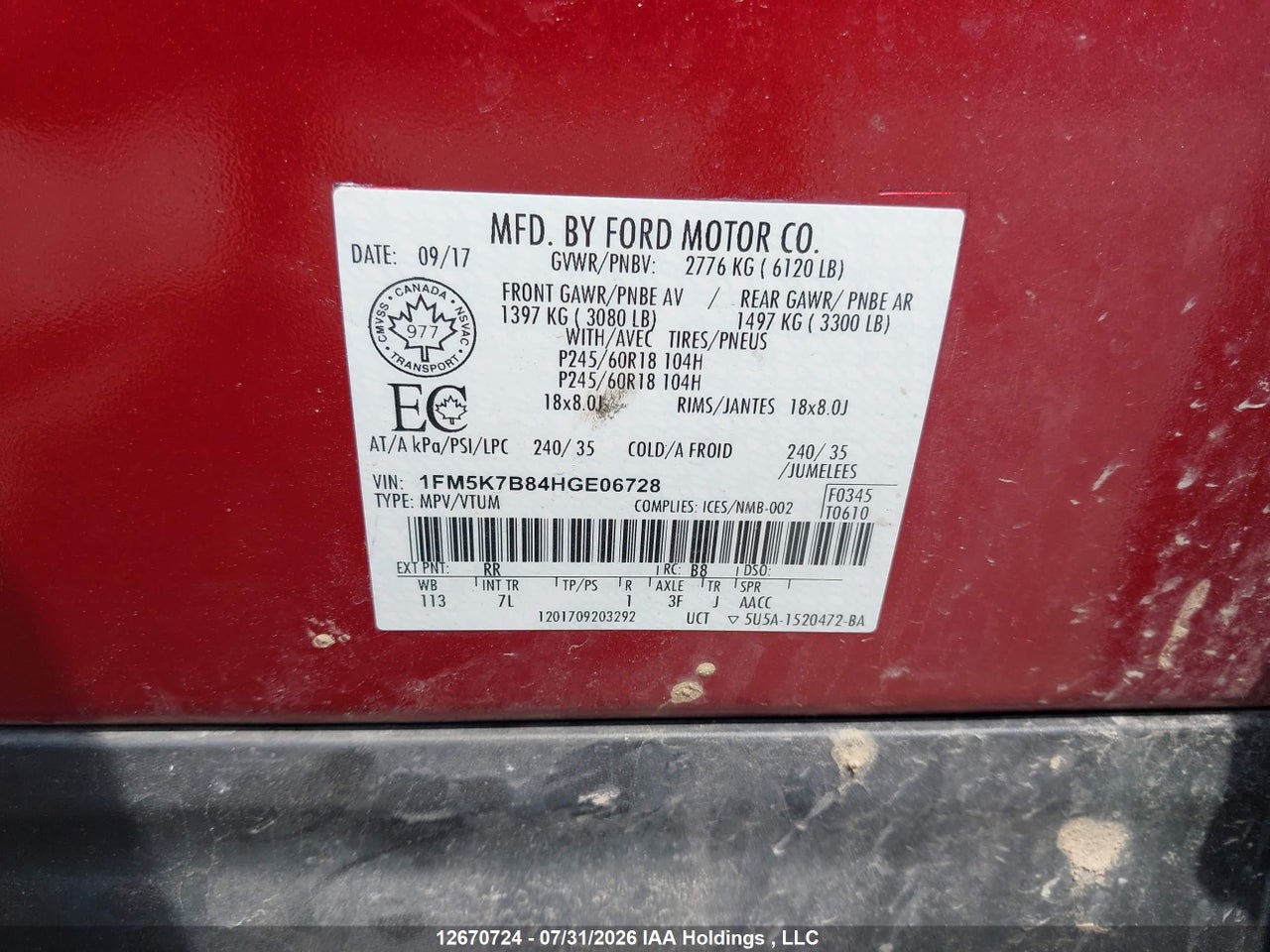 1FM5K7B84HGE06728 · 2017 FORD EXPLORER · 9/18