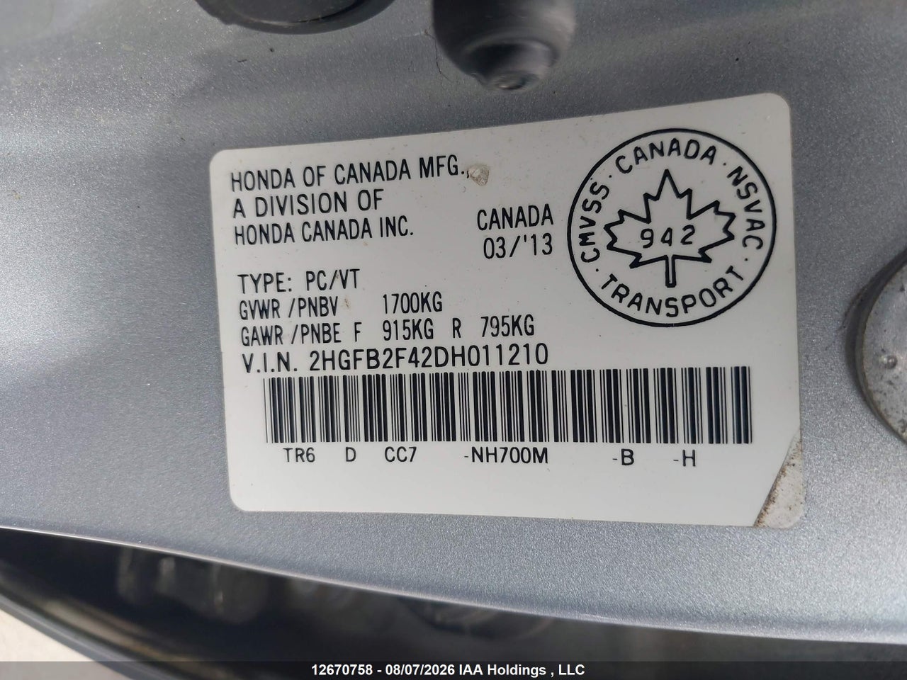 2HGFB2F42DH011210 · 2013 HONDA CIVIC · 9/18