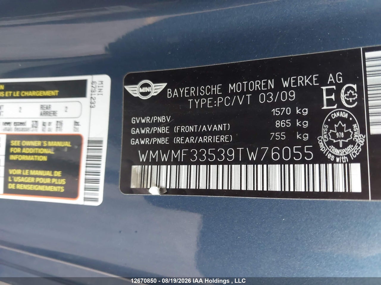 WMWMF33539TW76055 · 2009 MINI COOPER · 9/22