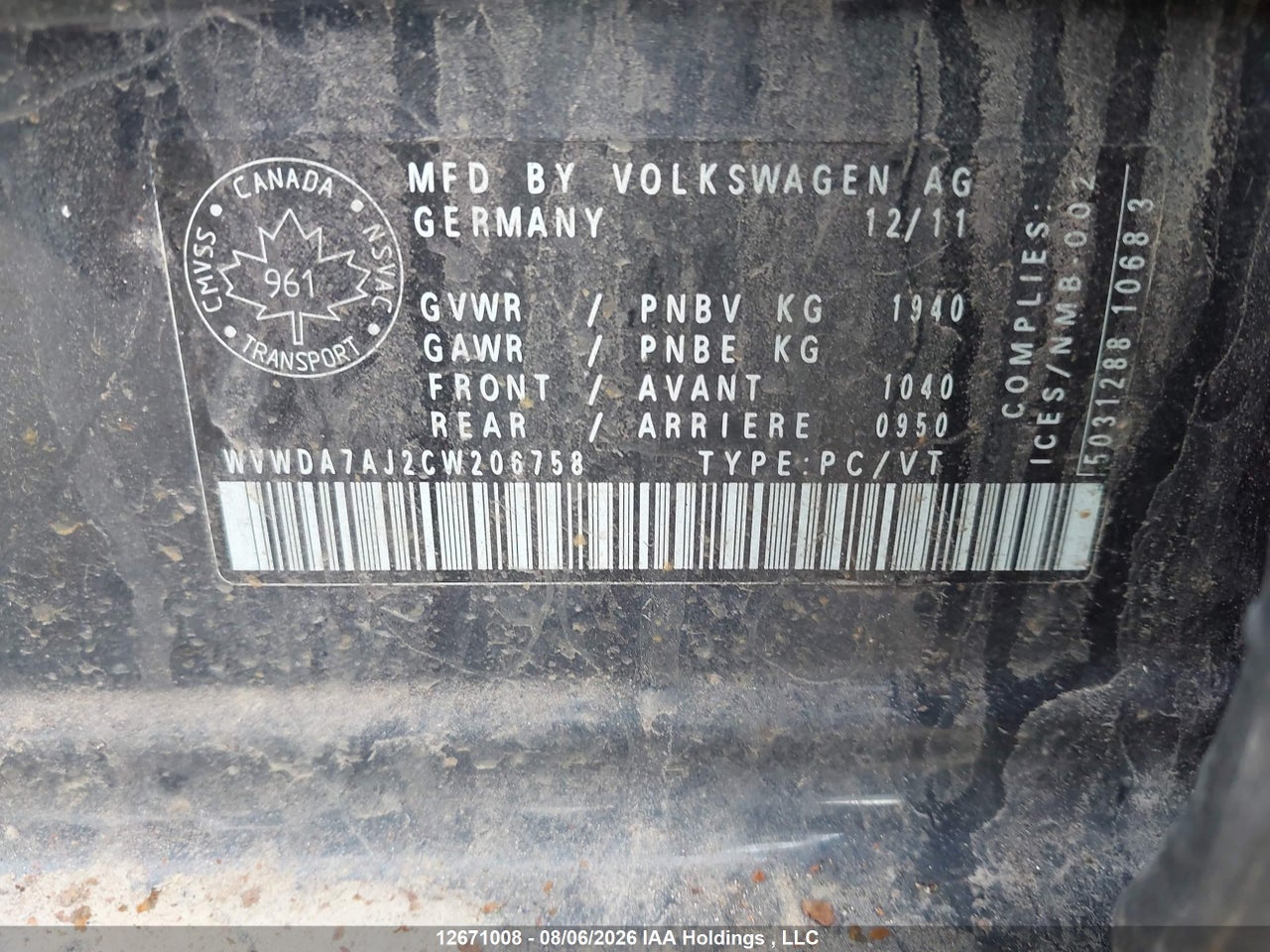 WVWDA7AJ2CW206758 · 2012 VOLKSWAGEN GOLF · 9/20