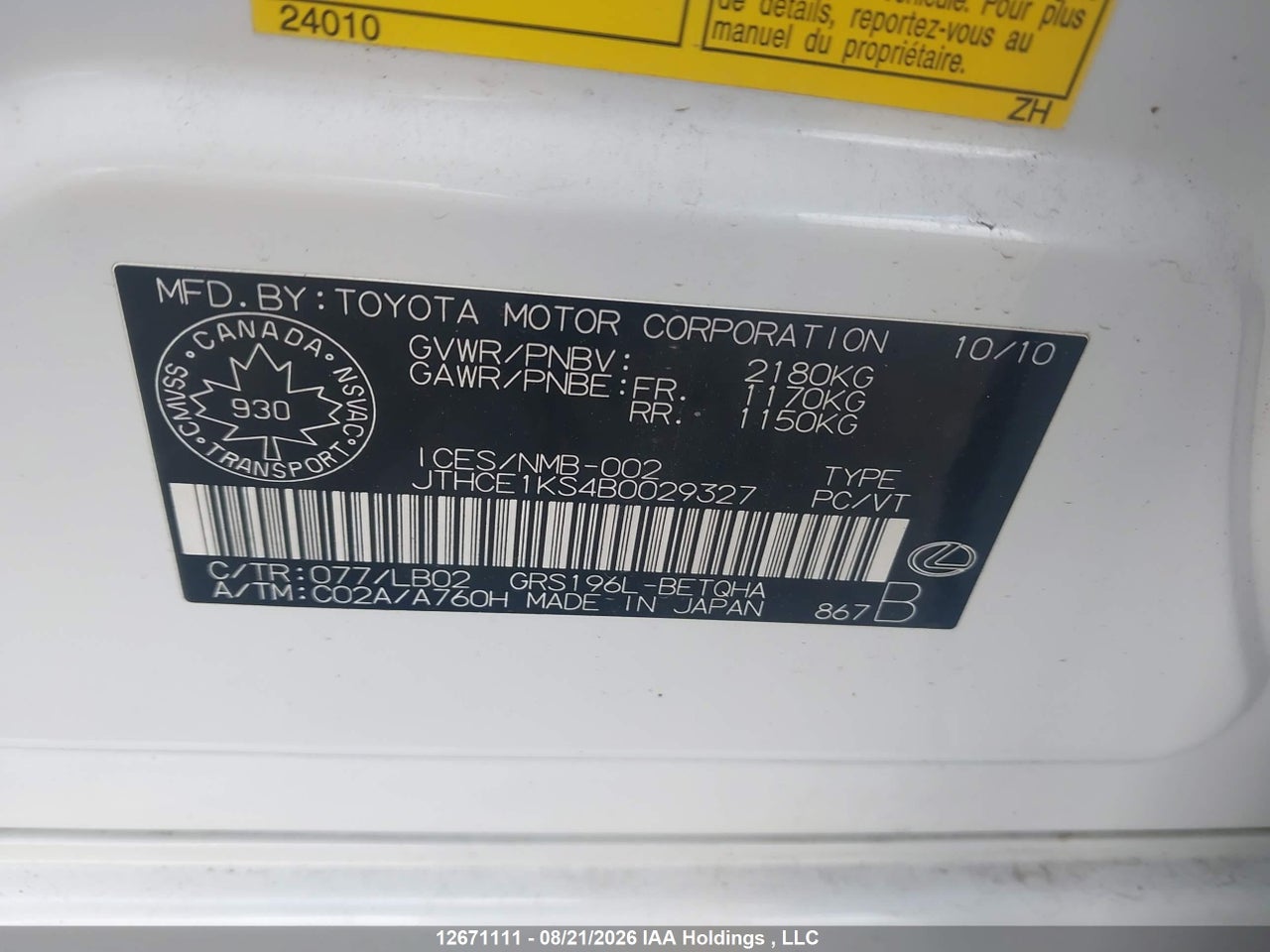 JTHCE1KS4B0029327 · 2011 LEXUS GS 350 · 9/18