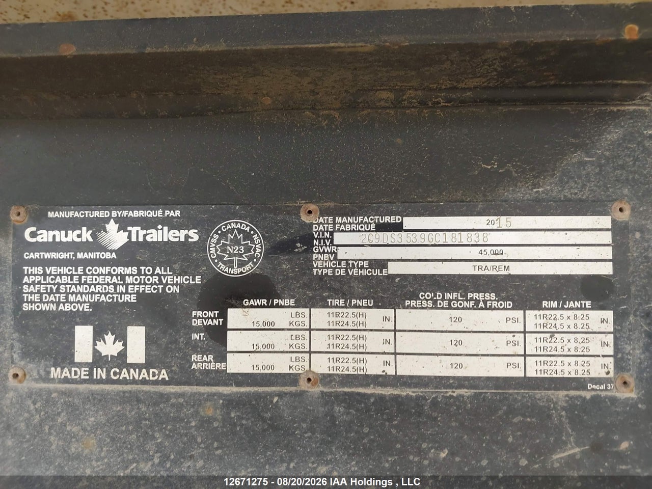 2C9DS3539GC****** · 2016 Canuck Trailers Manufacturing End Dump · 12/19