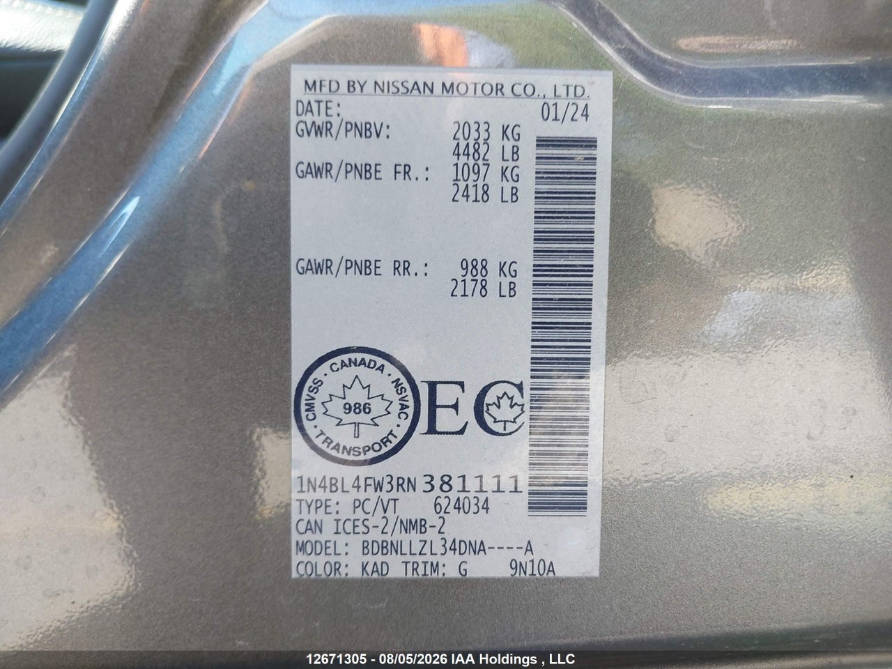 1N4BL4FW3RN381111 · 2024 NISSAN ALTIMA PLATINUM · 9/22
