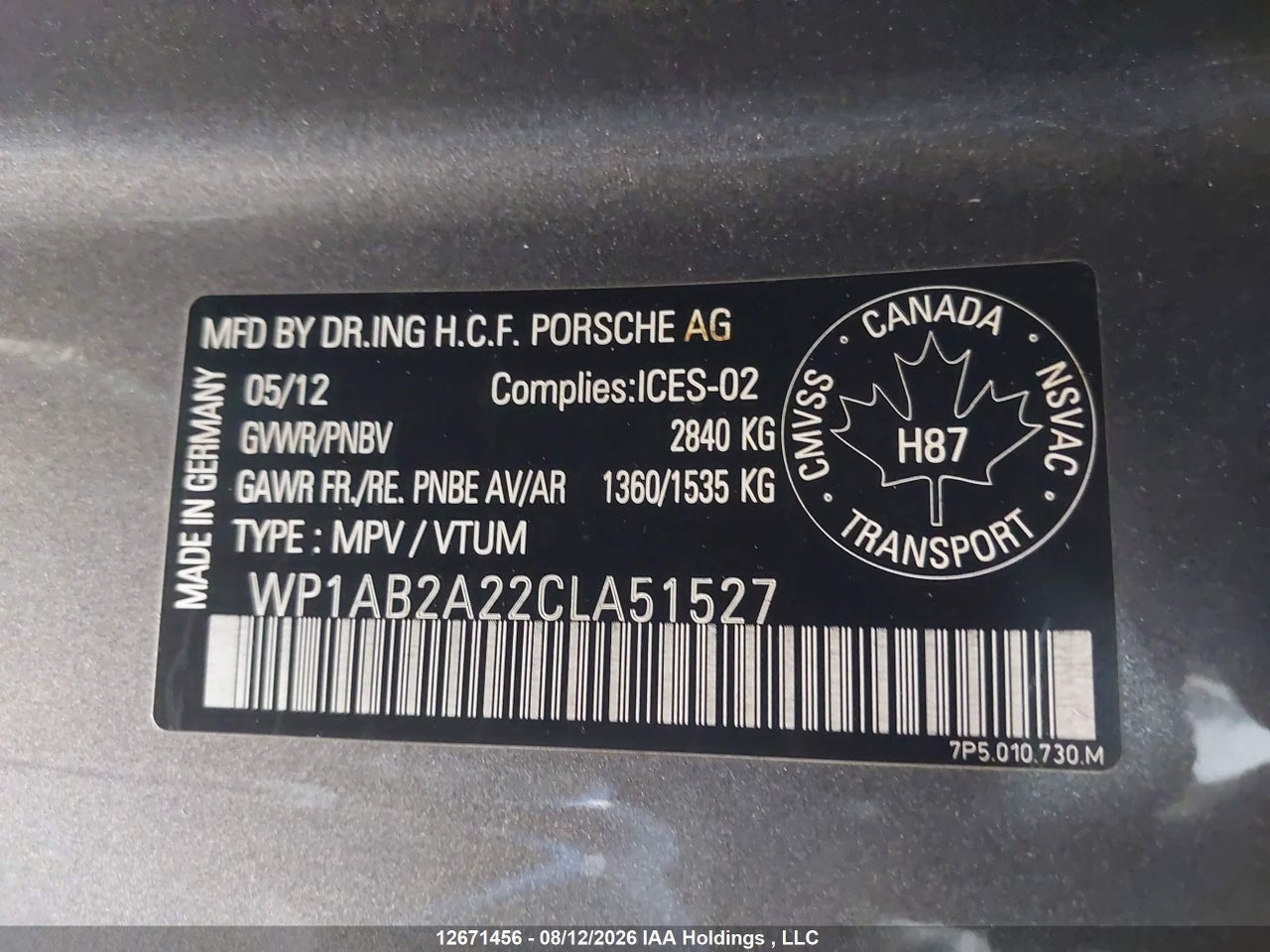WP1AB2A22CLA51527 · 2012 PORSCHE CAYENNE S · 9/21