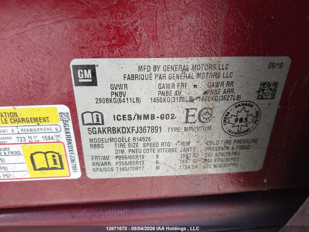 5GAKRBKDXFJ367891 · 2015 BUICK ENCLAVE LEATHER · 9/20