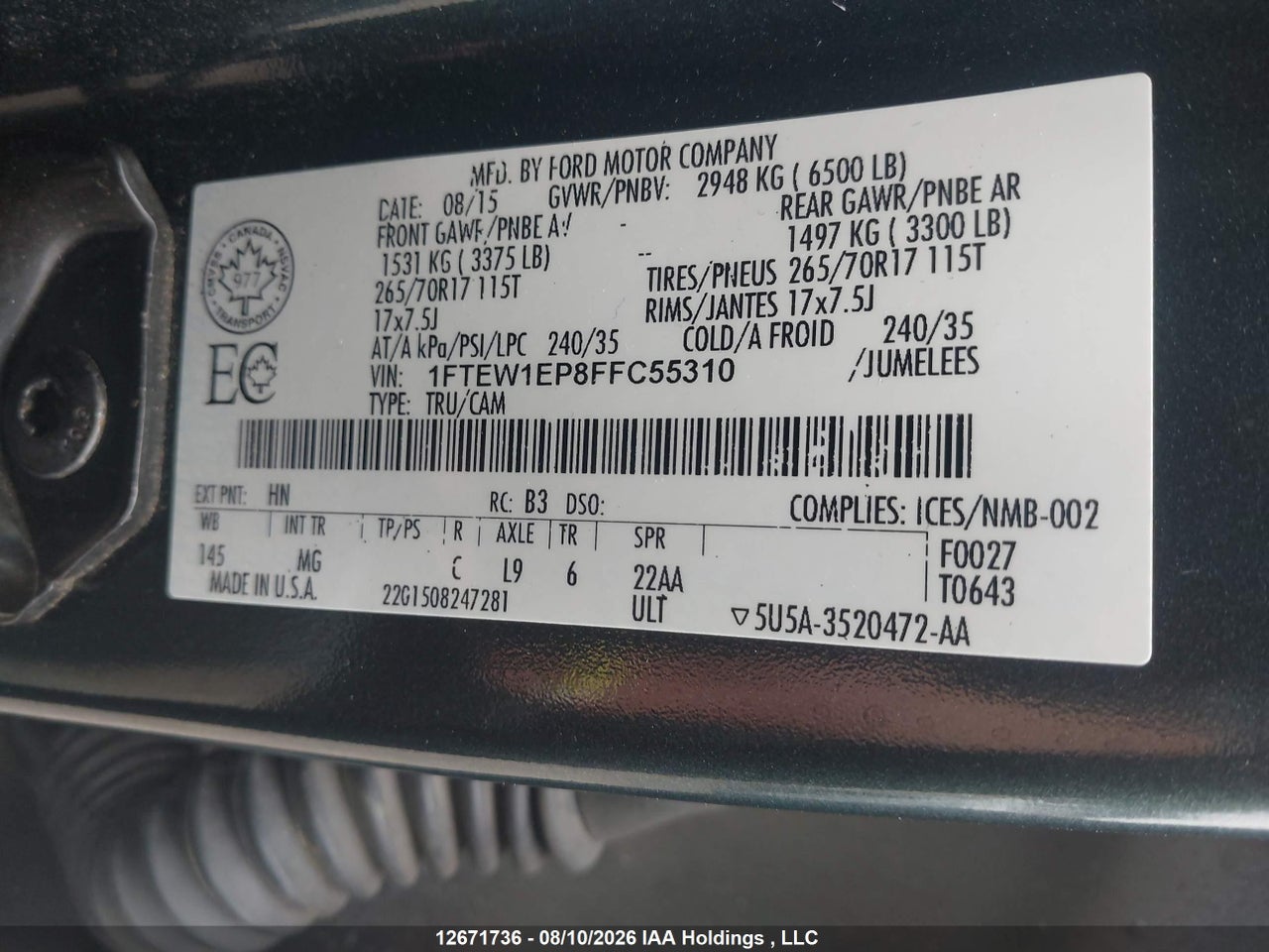 1FTEW1EP8FFC55310 · 2015 FORD F150 SUPERCREW · 9/17