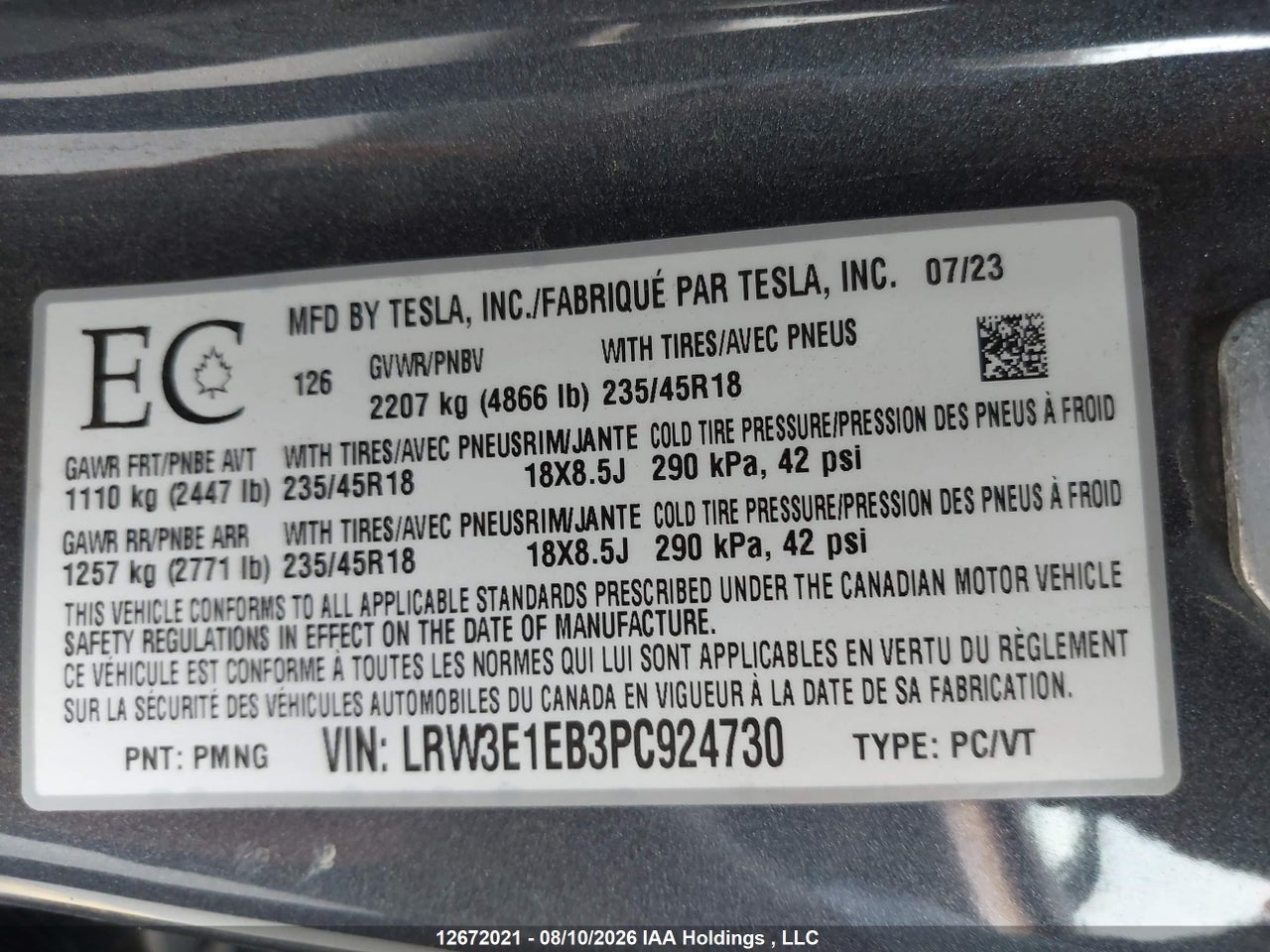 LRW3E1EB3PC924730 · 2023 TESLA MODEL 3 · 9/24