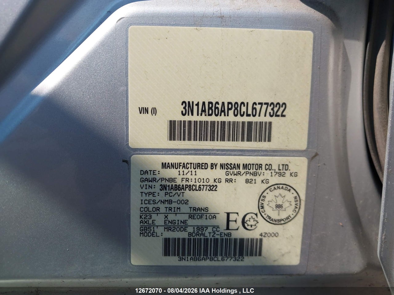 3N1AB6AP8CL677322 · 2012 NISSAN SENTRA 2.0 S · 9/20