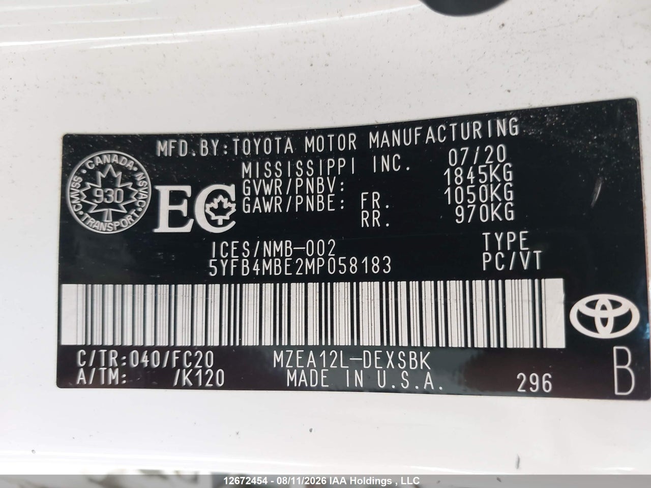5YFB4MBE2MP058183 · 2021 TOYOTA COROLLA SE · 9/21
