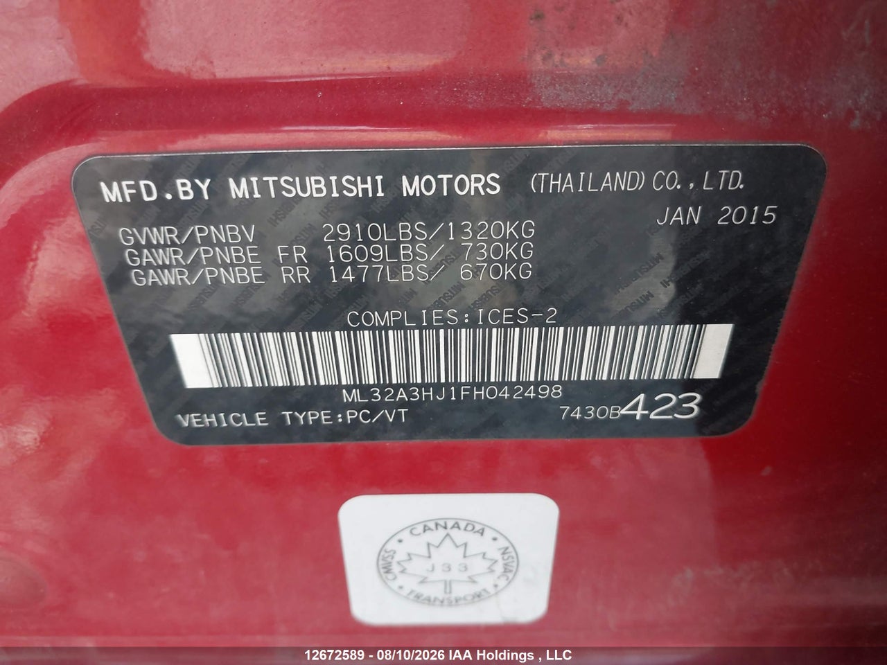 ML32A3HJ1FH042498 · 2015 MITSUBISHI MIRAGE DE · 9/20