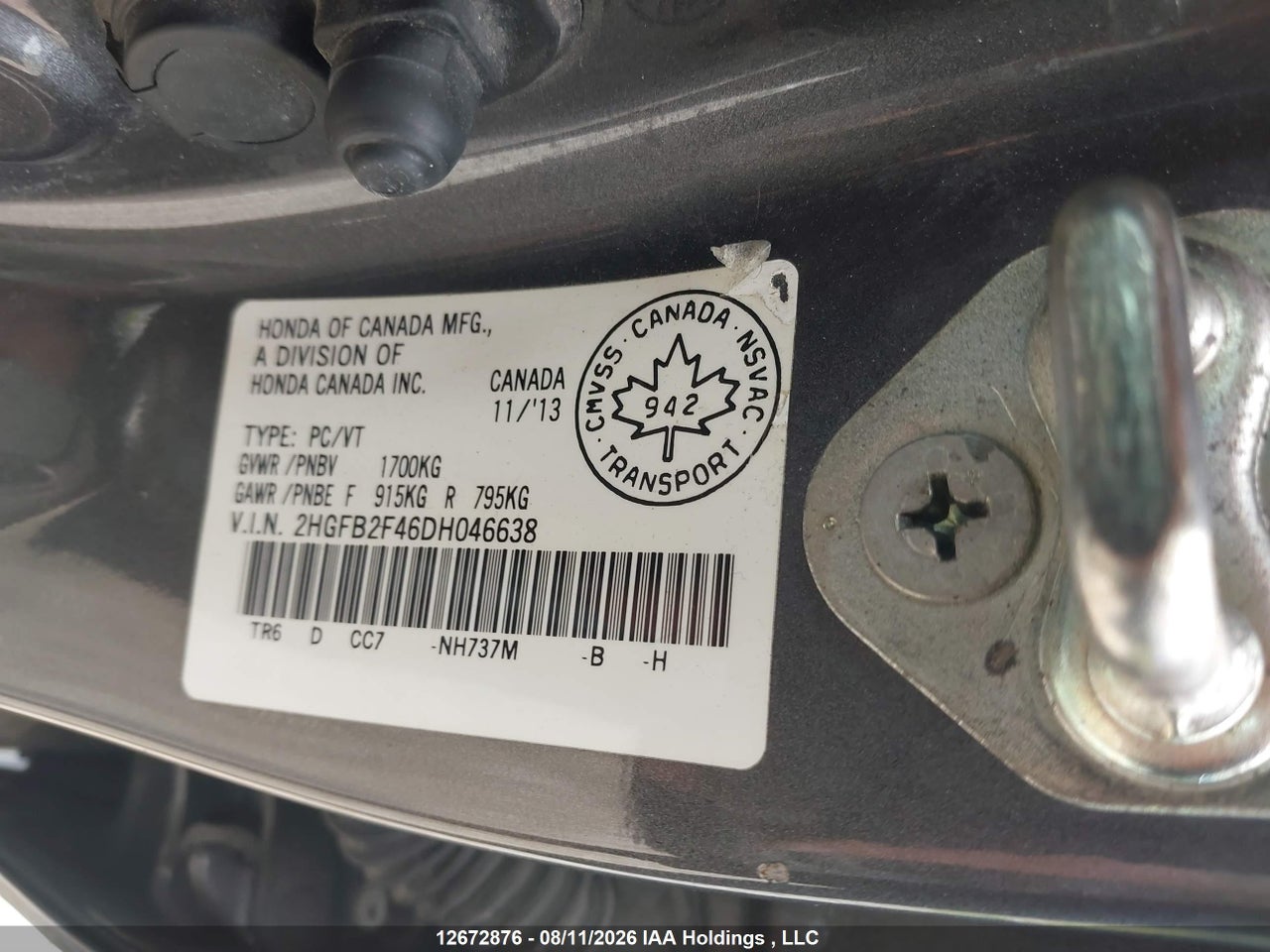 2HGFB2F46DH046638 · 2013 HONDA CIVIC LX · 9/18