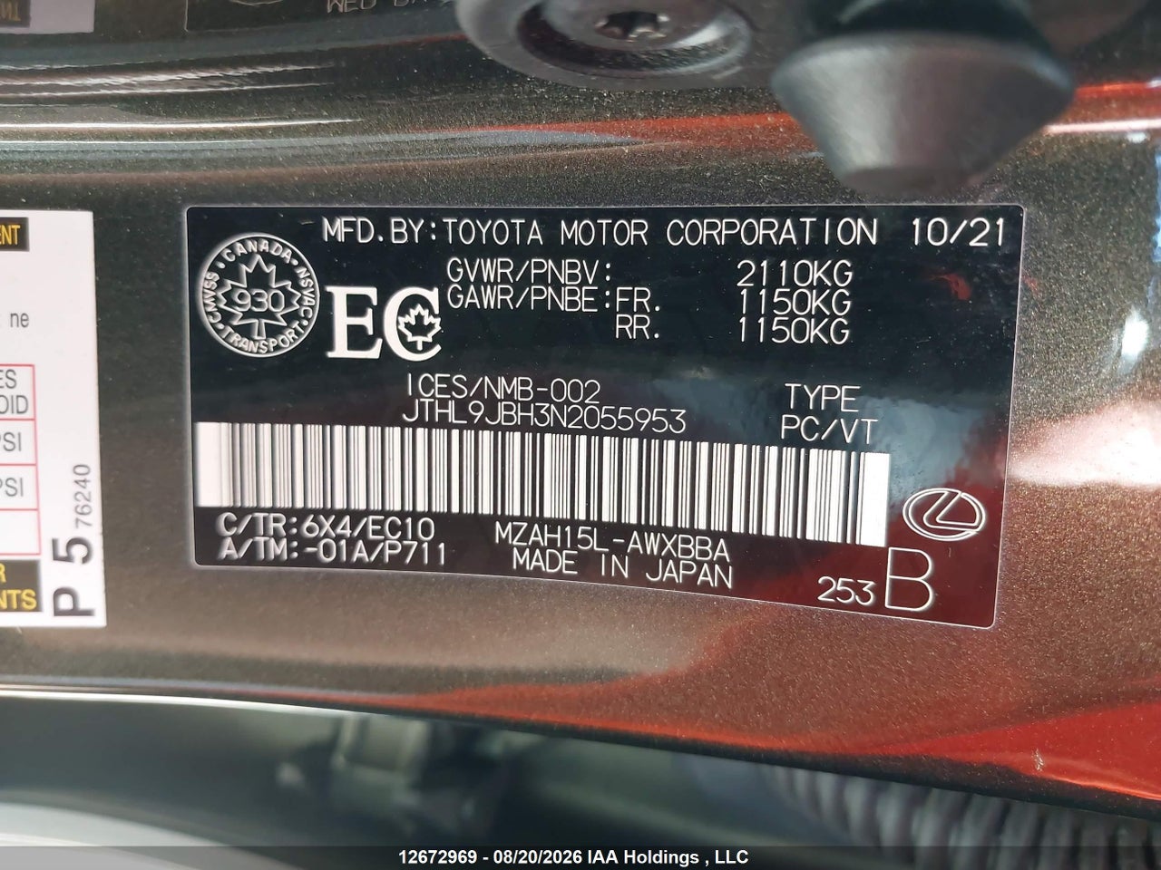 JTHL9JBH3N2055953 · 2022 LEXUS UX 250H BASE/250H F SPORT/250H LUXURY · 9/24