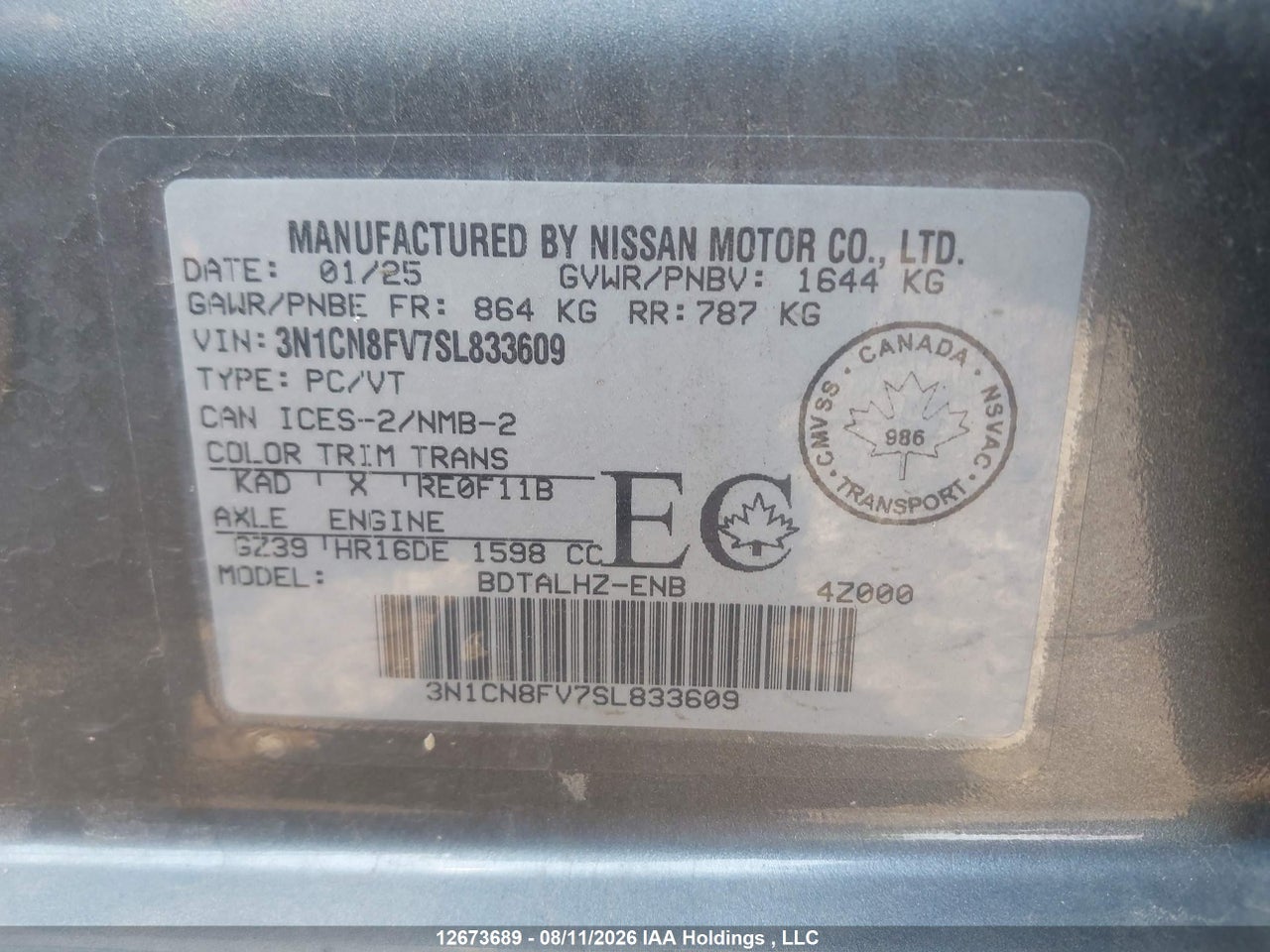 3N1CN8FV7SL833609 · 2025 NISSAN VERSA SR · 9/18