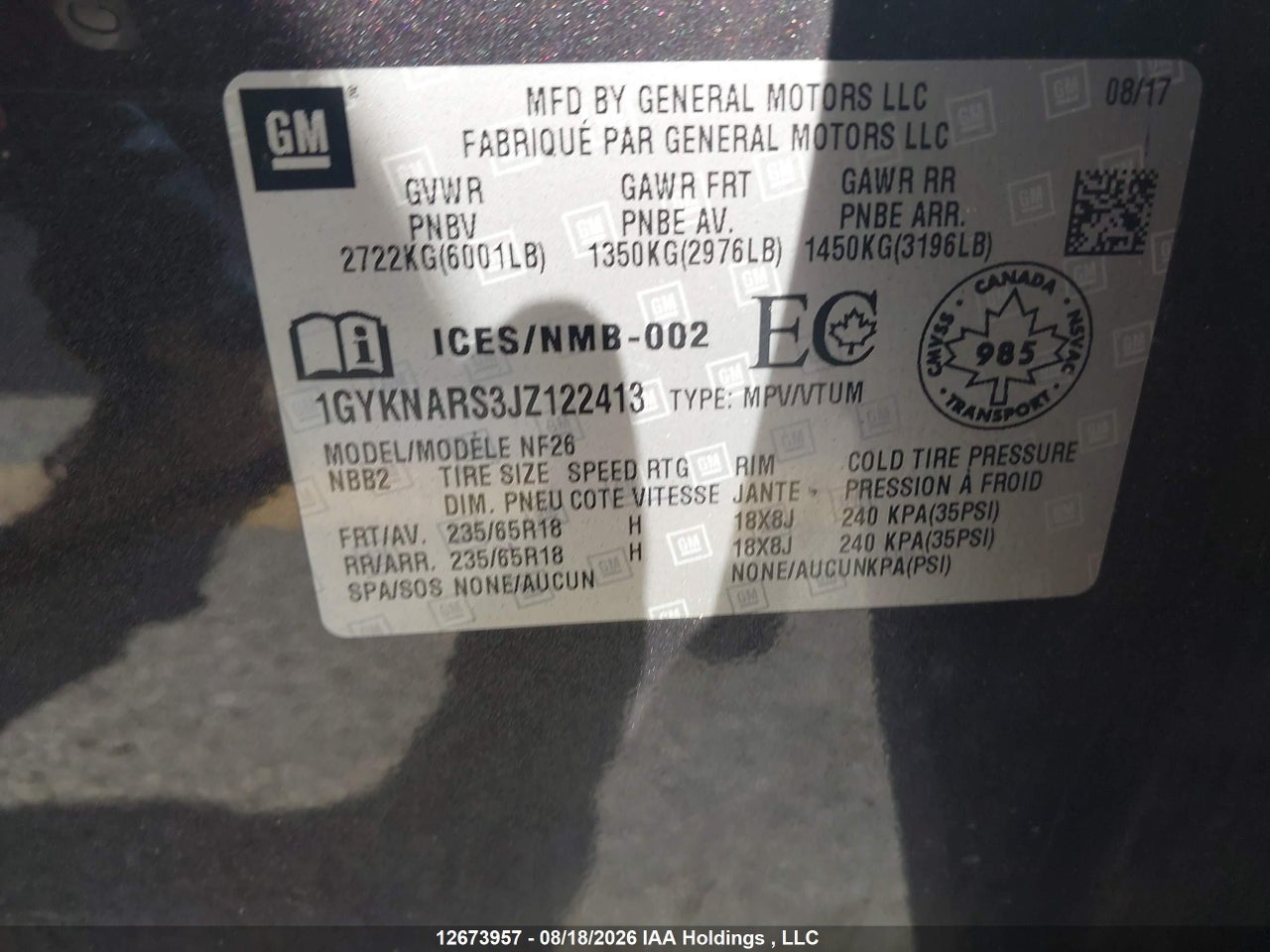 1GYNARS3JZ122413 · 2018 CADILLAC XT5 · 9/16