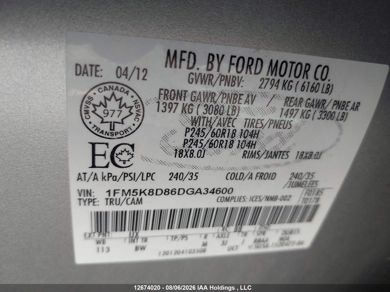 1FM5K8D86DGA34600 · 2013 FORD EXPLORER XLT · 9/18