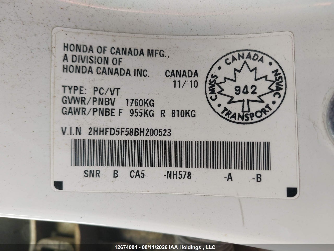 2HHFD5F58BH200523 · 2011 ACURA CSX · 9/23