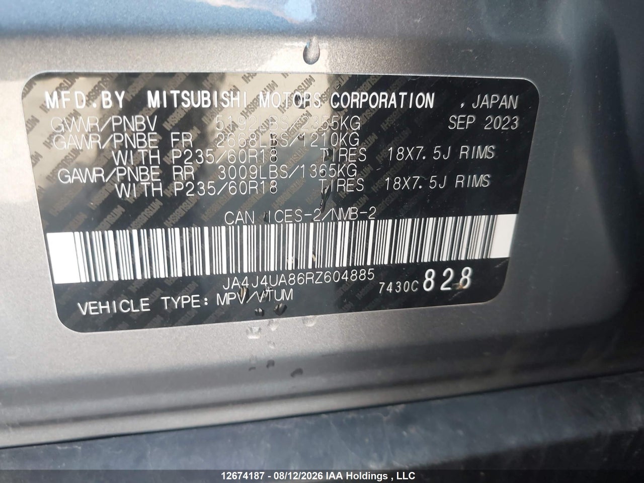 JA4J4UA86RZ604885 · 2024 MITSUBISHI OUTLANDER ES · 9/17