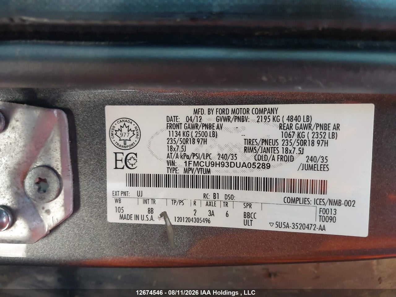 1FMCU9H93DUA05289 · 2013 FORD ESCAPE SEL · 9/22