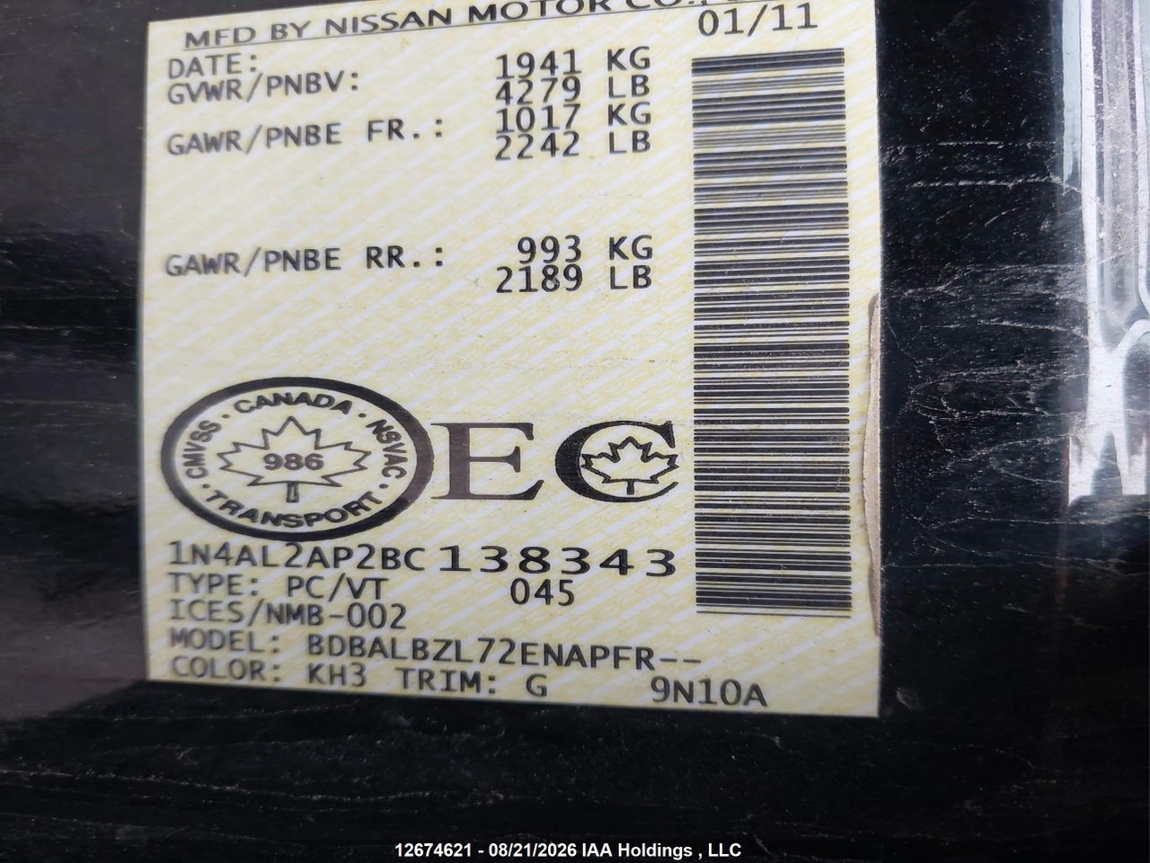 1N4AL2AP2BC138343 · 2011 NISSAN ALTIMA 2.5 S · 9/20