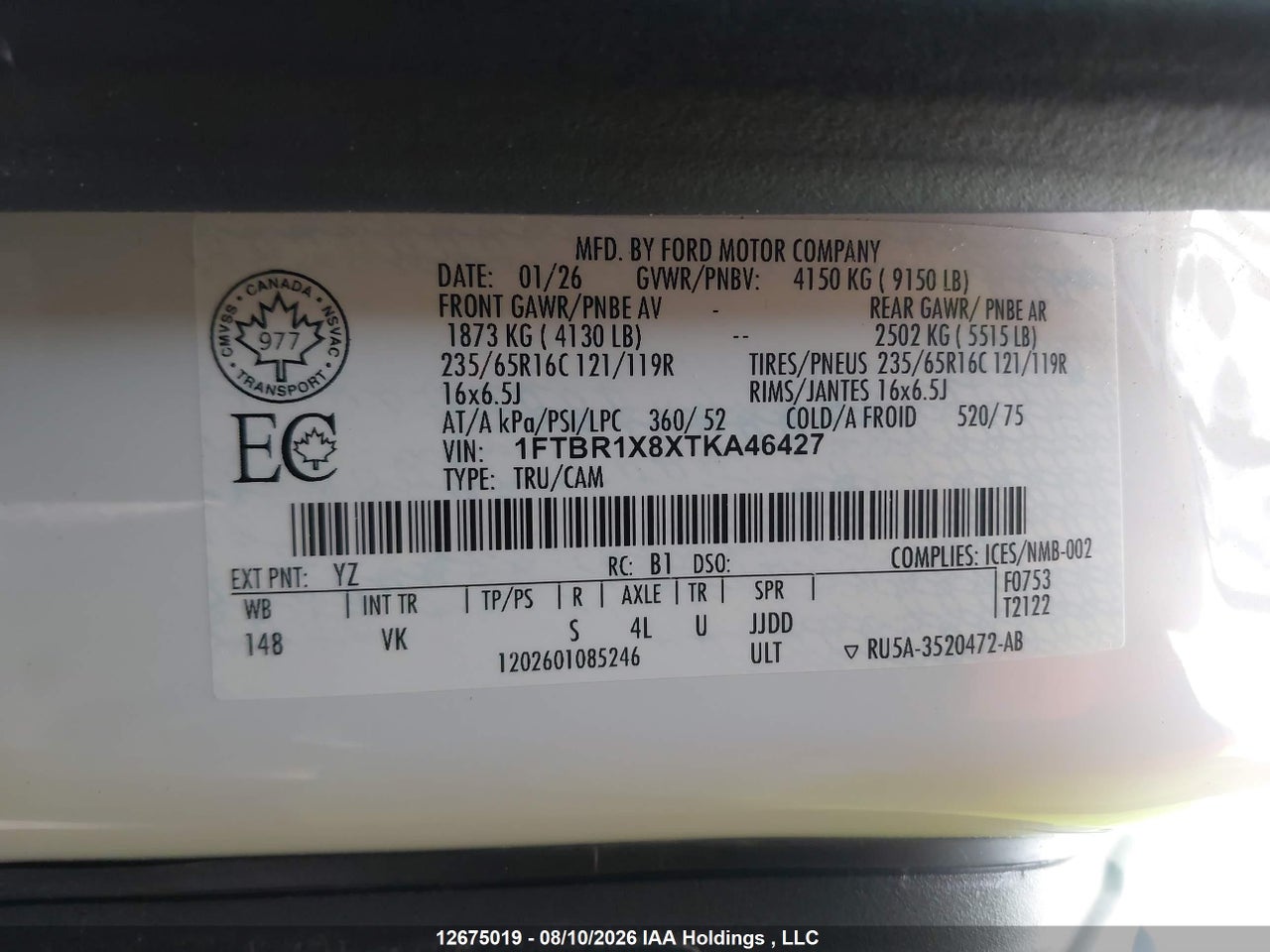 1FTBR1X8XTKA46427 · 2026 FORD transit t-250 · 9/18