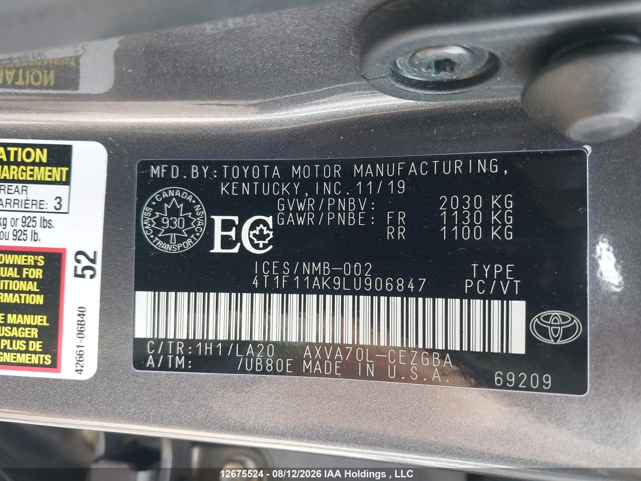 4T1F11AK9LU906847 · 2020 TOYOTA CAMRY XLE · 9/19