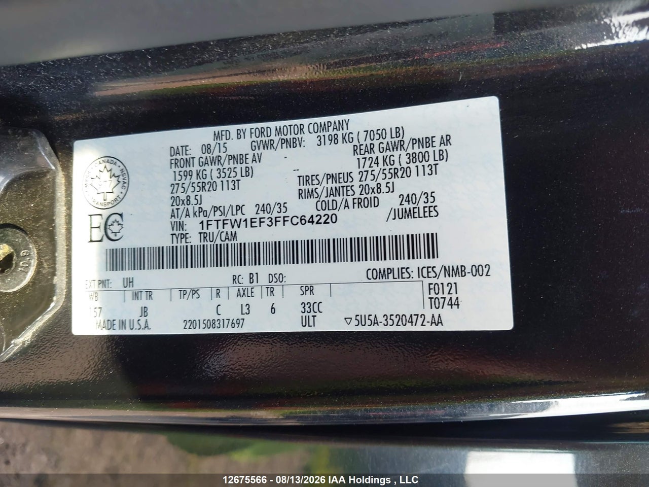 1FTFW1EF3FFC64220 · 2015 FORD F150 SUPERCREW · 9/21
