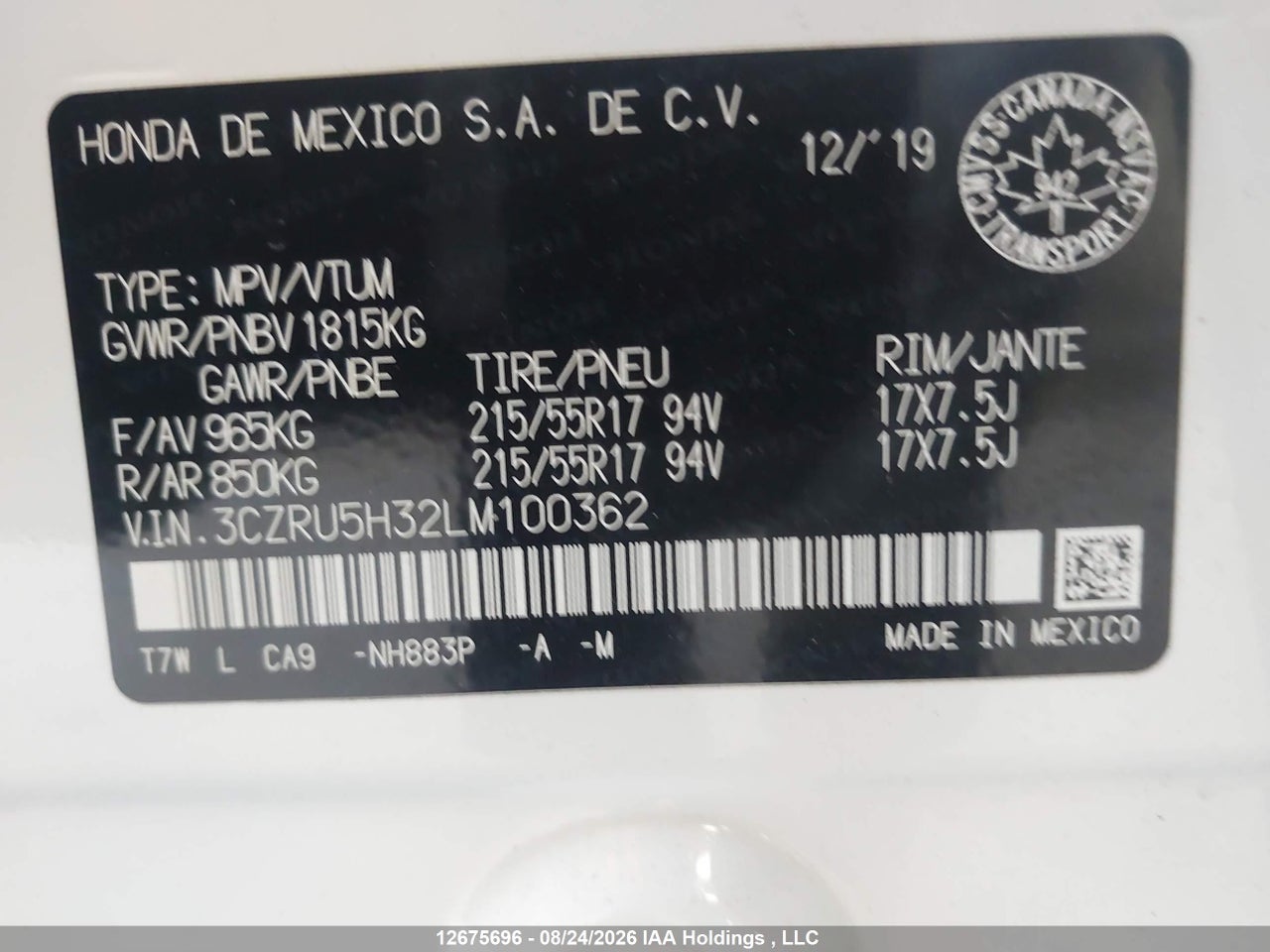 3CZRU5H32LM100362 · 2020 HONDA HR-V LX · 9/22
