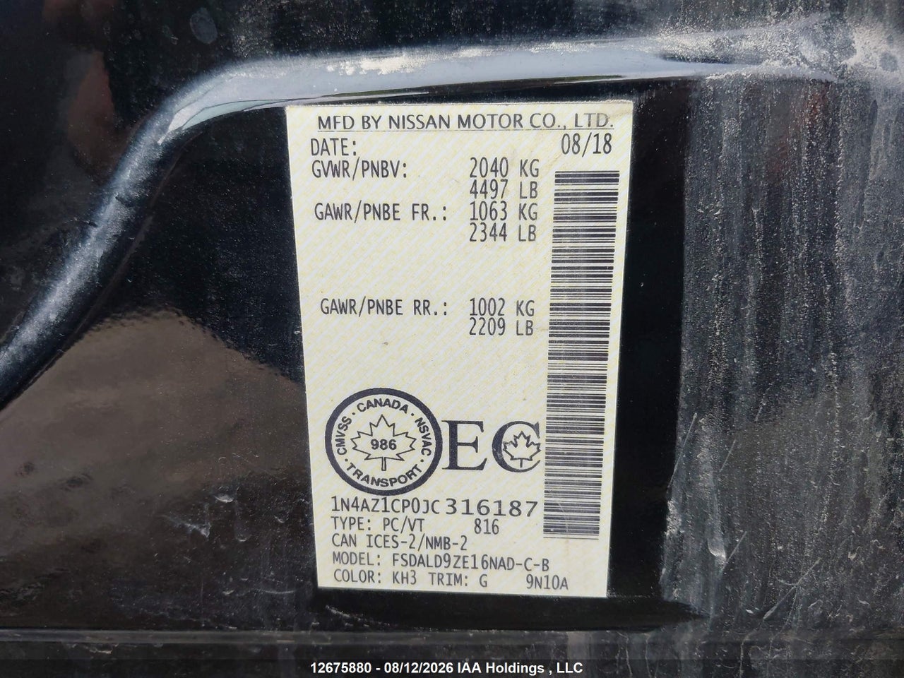 1N4AZ1CP0JC316187 · 2018 NISSAN LEAF S/SL/SV · 9/16