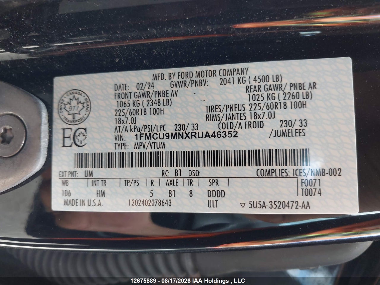 1FMCU9MNXRUA46352 · 2024 FORD ESCAPE · 9/18