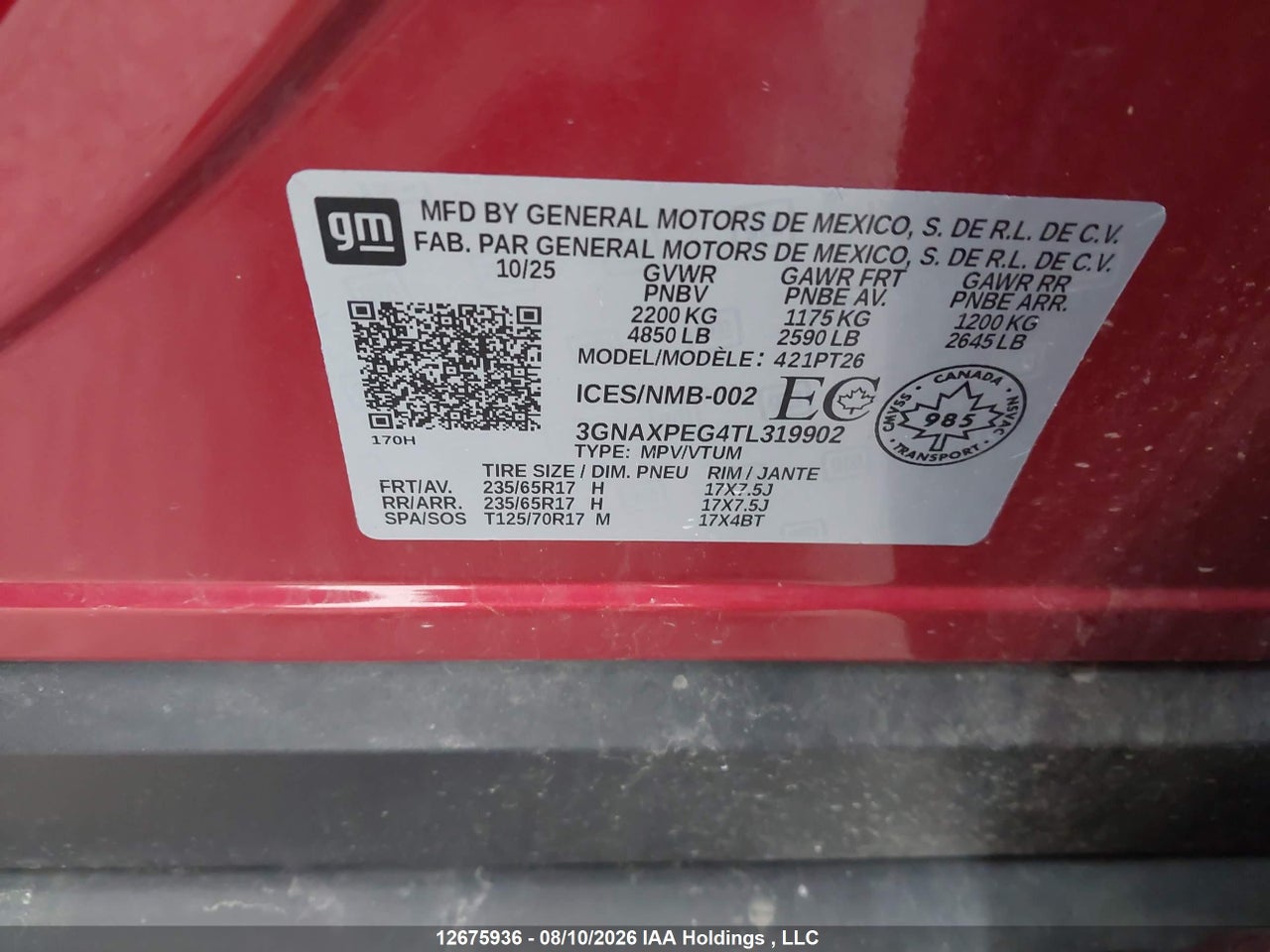 3GNAXPEG4TL319902 · 2026 CHEVROLET EQUINOX LT · 9/20