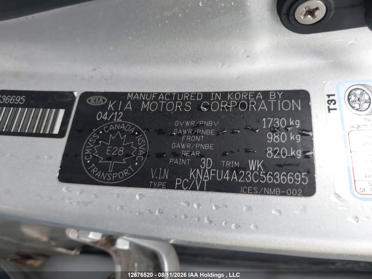 KNAFU4A23C5636695 · 2012 KIA FORTE EX · 9/21