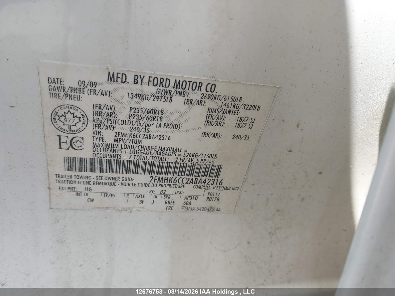 2FMHK6CC2ABA42316 · 2010 FORD FLEX SEL · 9/19