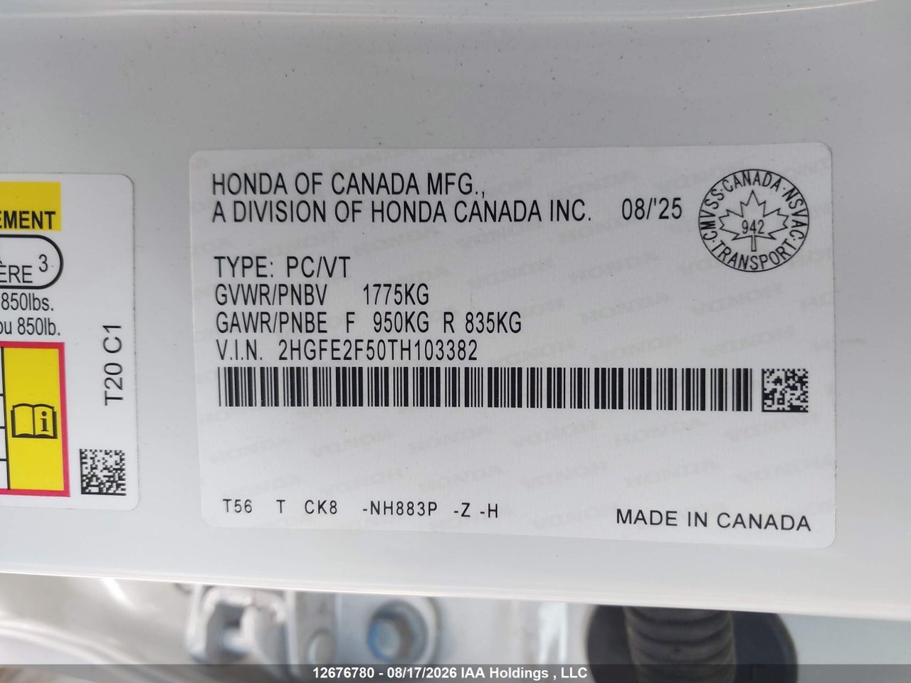 2HGFE2F50TH103382 · 2026 HONDA CIVIC · 9/20